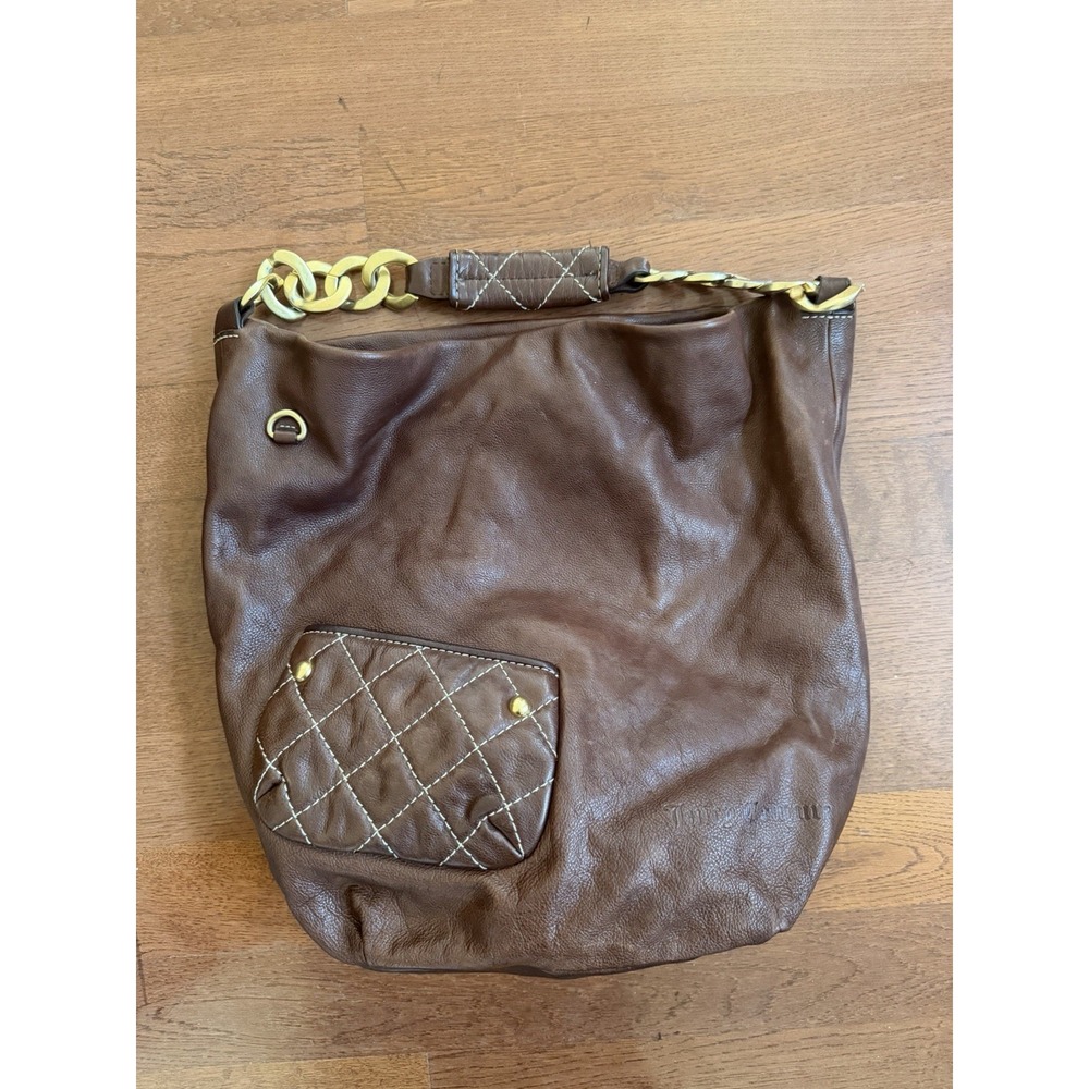 Vintage Juicy Couture Brown Genuine Leather Hobo Bag Gold Chain Strap Y2K